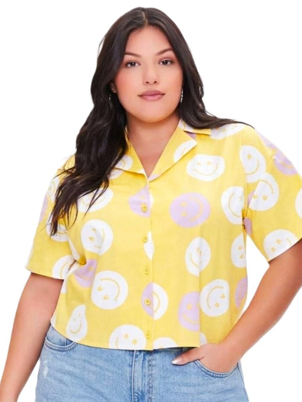 FOREVER 21+ Happy Smiley Face Print Button-Down Cropped Shirt. Plus Size 3X